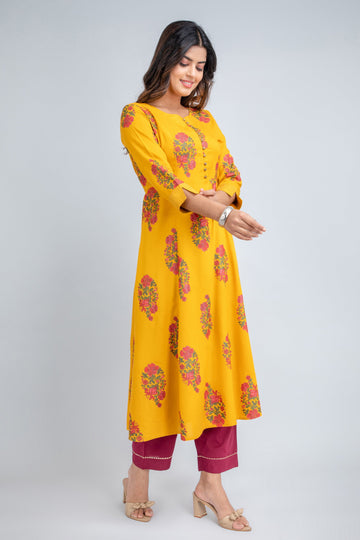 Mustard Long Dress in Rayon Dobby