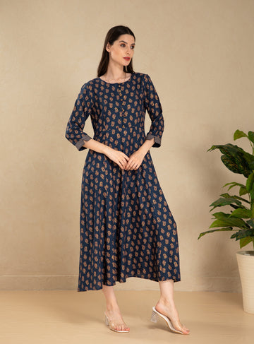 True Blue Long Dress in Rayon Dobby