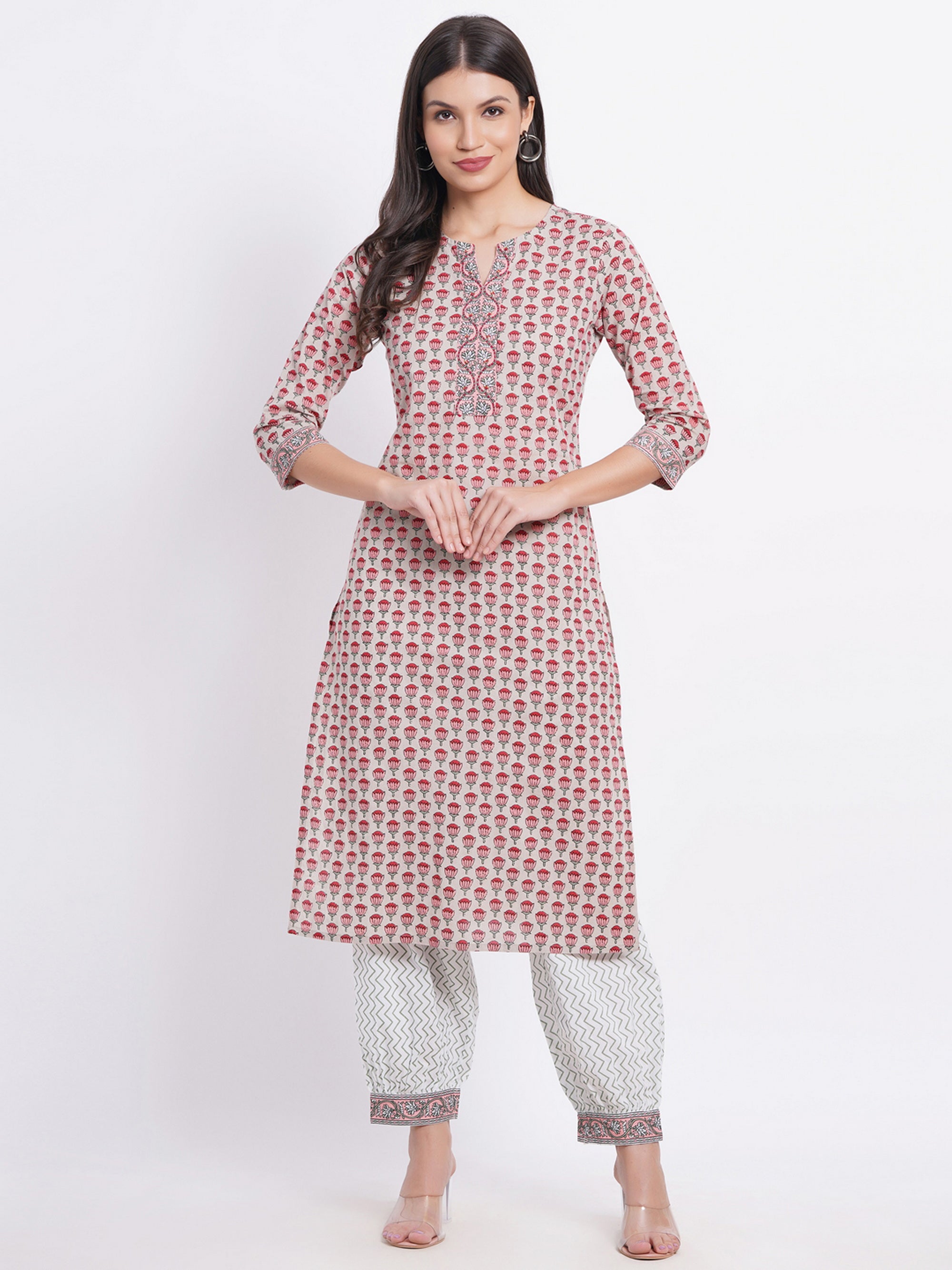 Floral Print 2Pc Kurta & Lantern Pant Set with Kantha Detail
