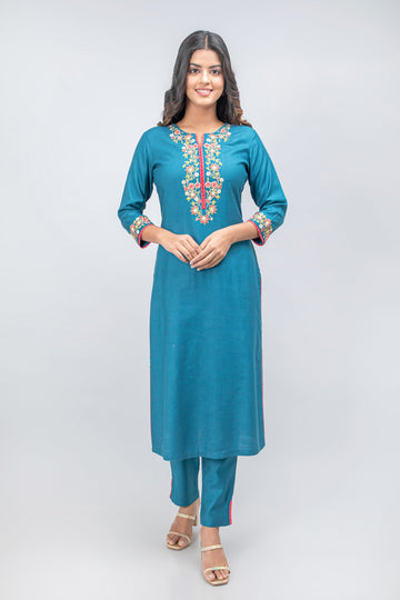 Lyons Blue 3 Pcs Kurta Set in Banaras Chanderi