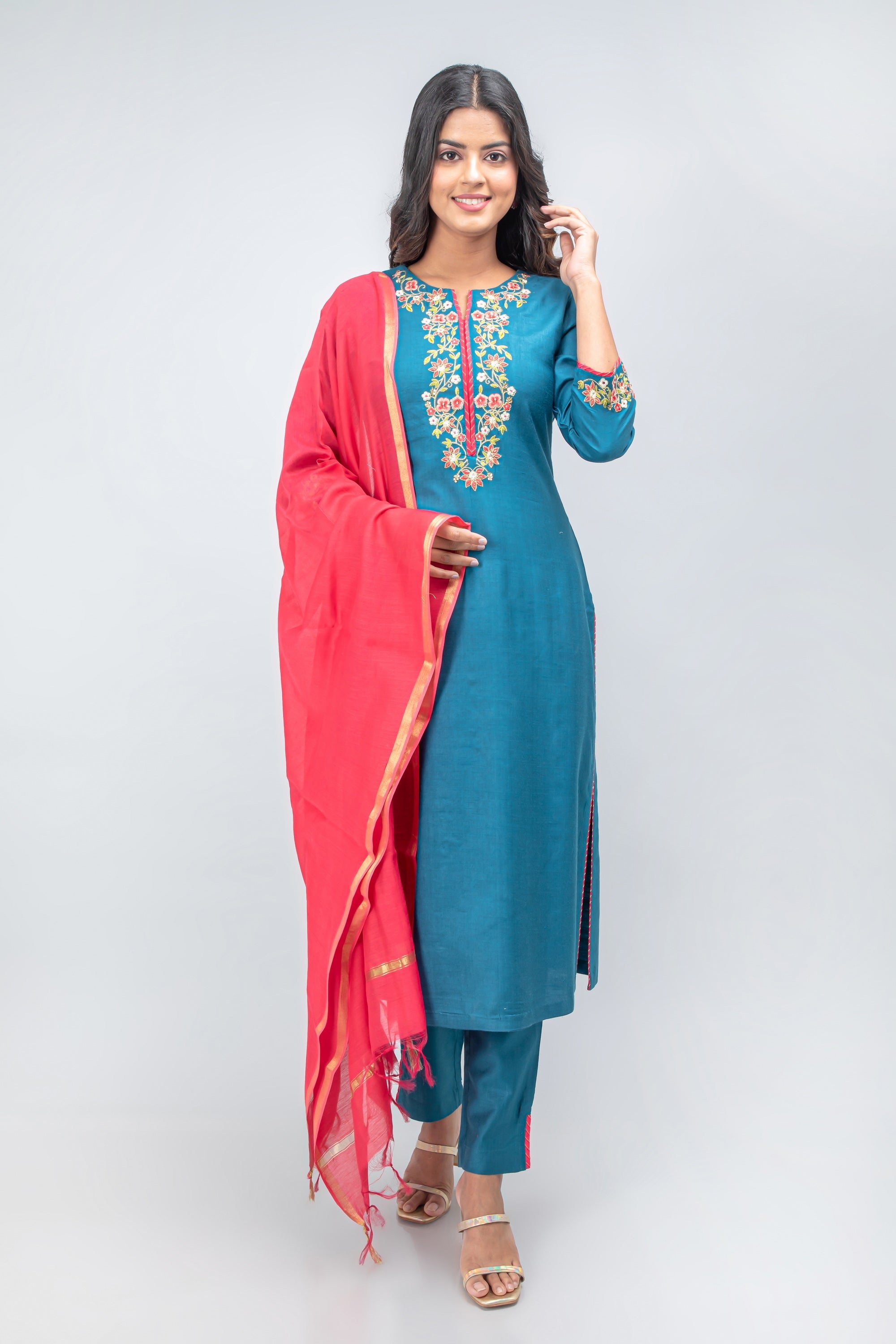 Lyons Blue 3 Pcs Kurta Set in Banaras Chanderi