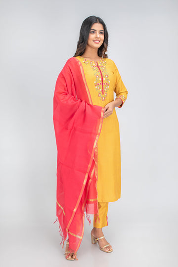 Mineral Yellow 3 Pcs Kurta Set in Banaras Chanderi