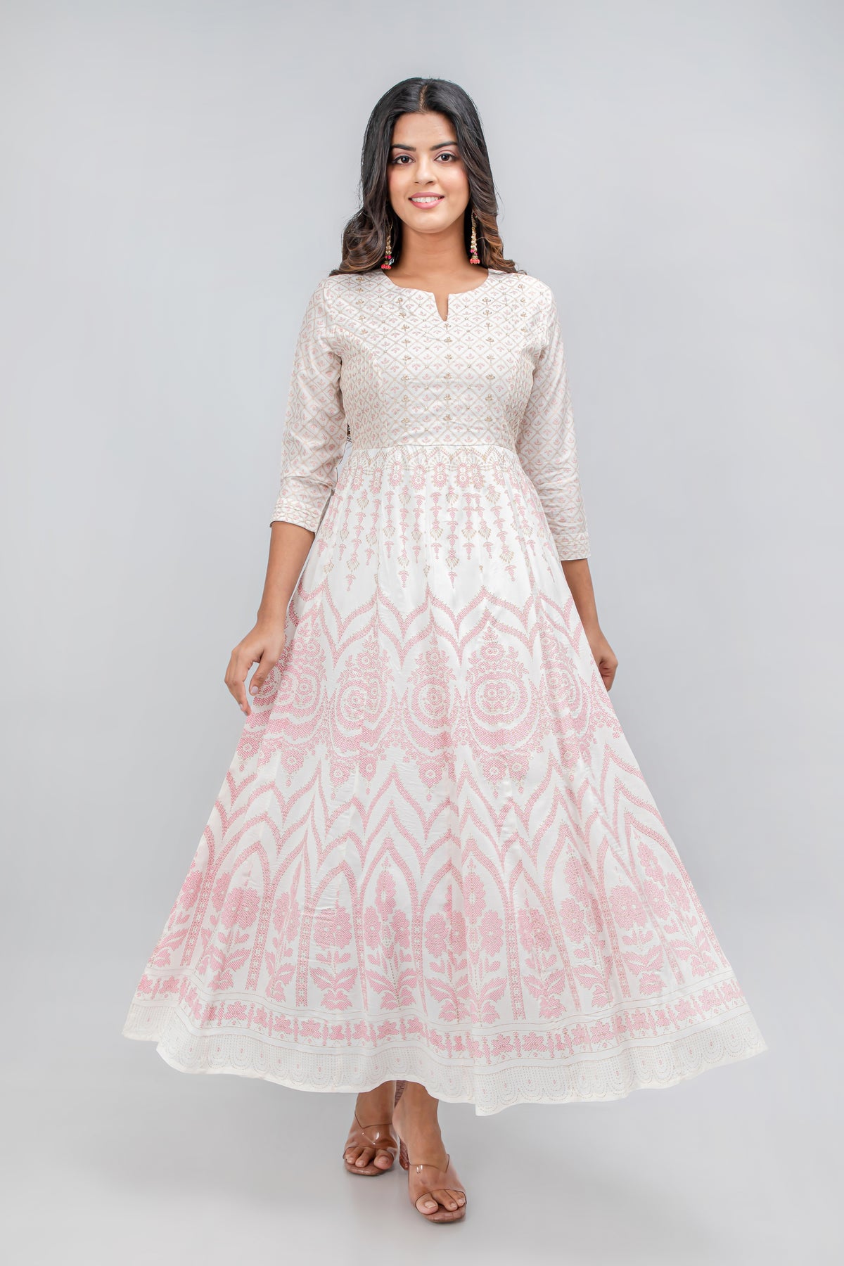 PRINTED FESTIVE FLOOR LENGTH FLAIRED DRESS