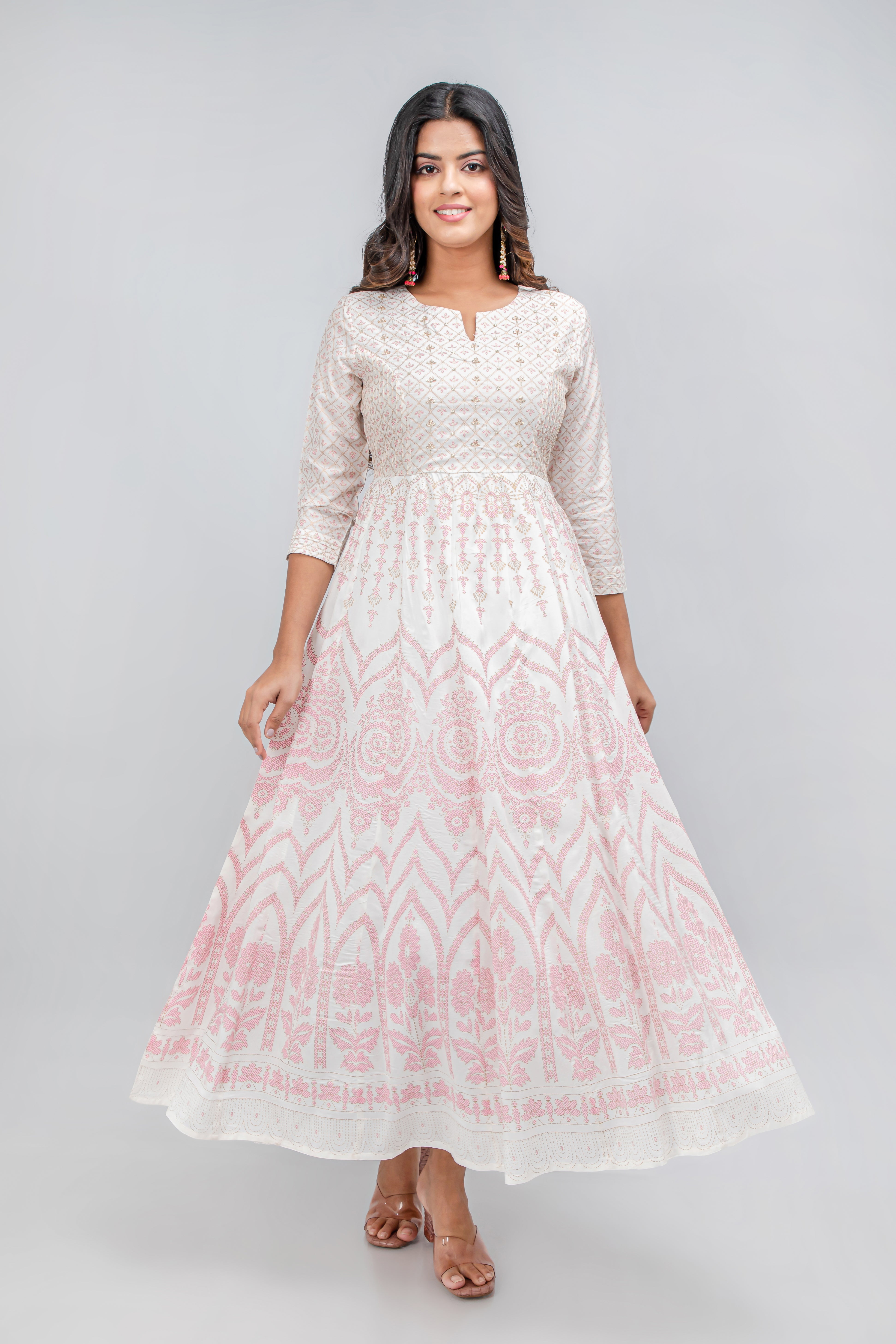 PRINTED FESTIVE FLOOR LENGTH FLAIRED DRESS