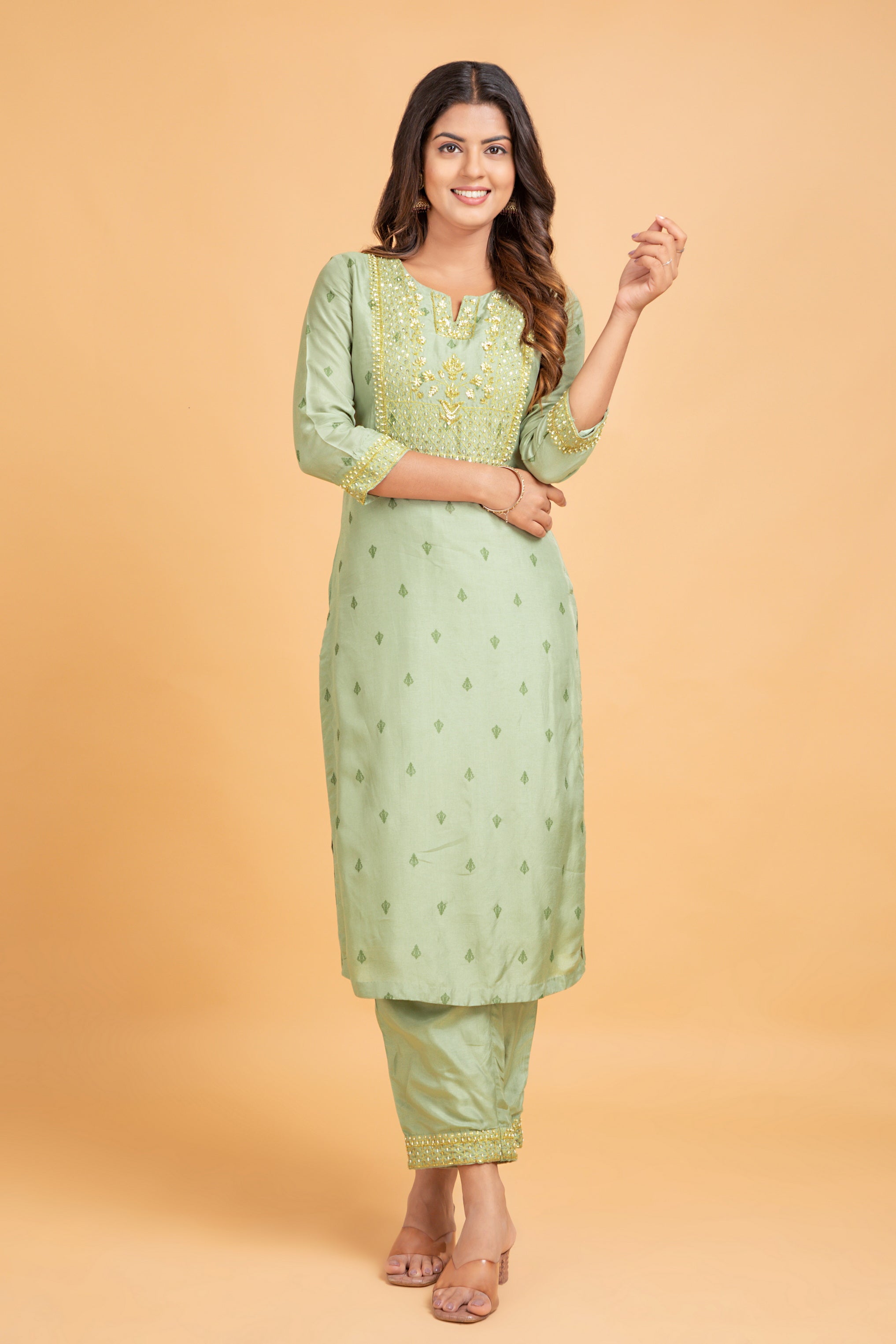 Silk Ethnic Motifs Printed Pure Silk Kurta with Thread Work & Embroidered Trousers