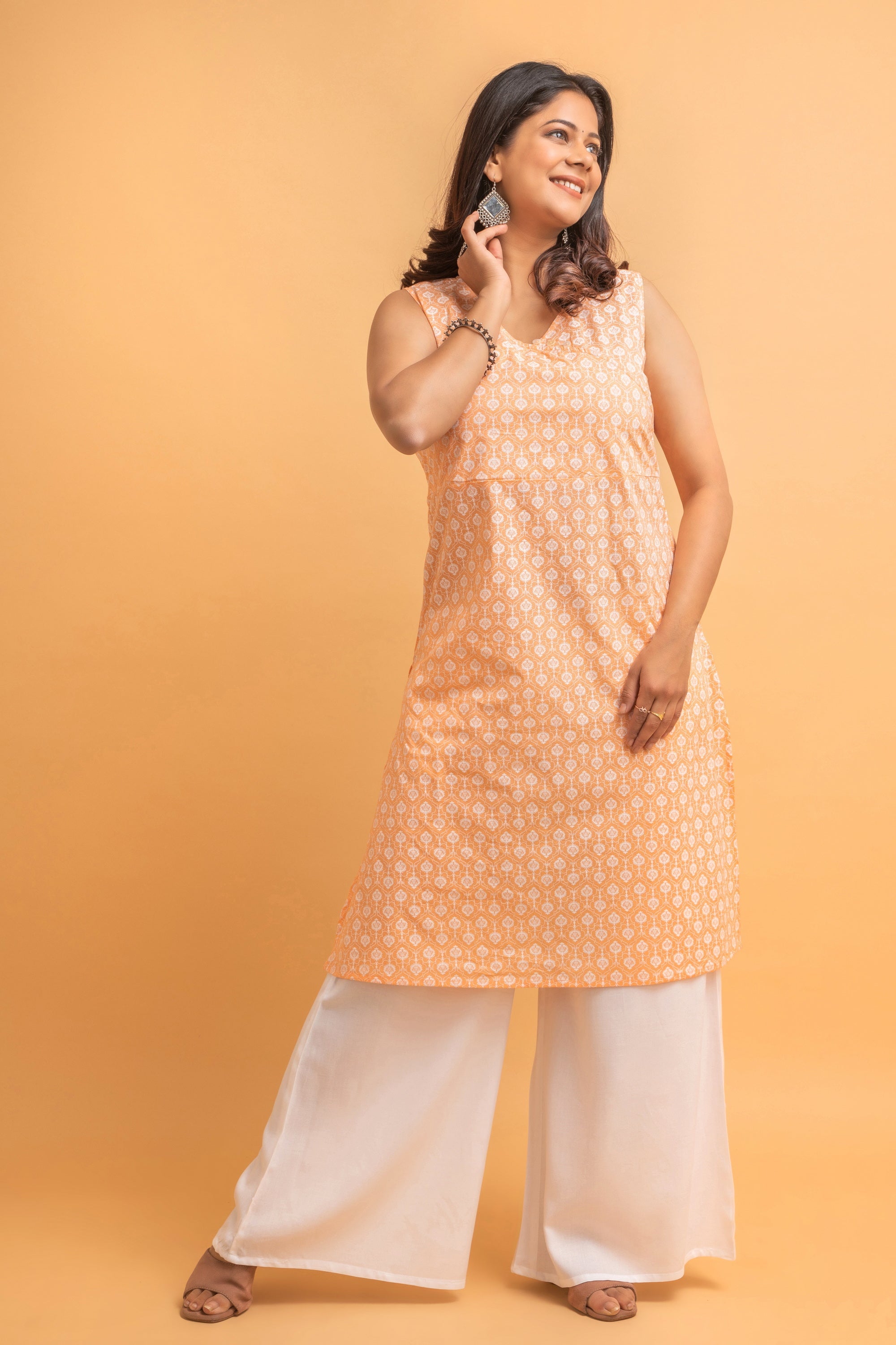 Peach Long Kurti in Mul Cotton