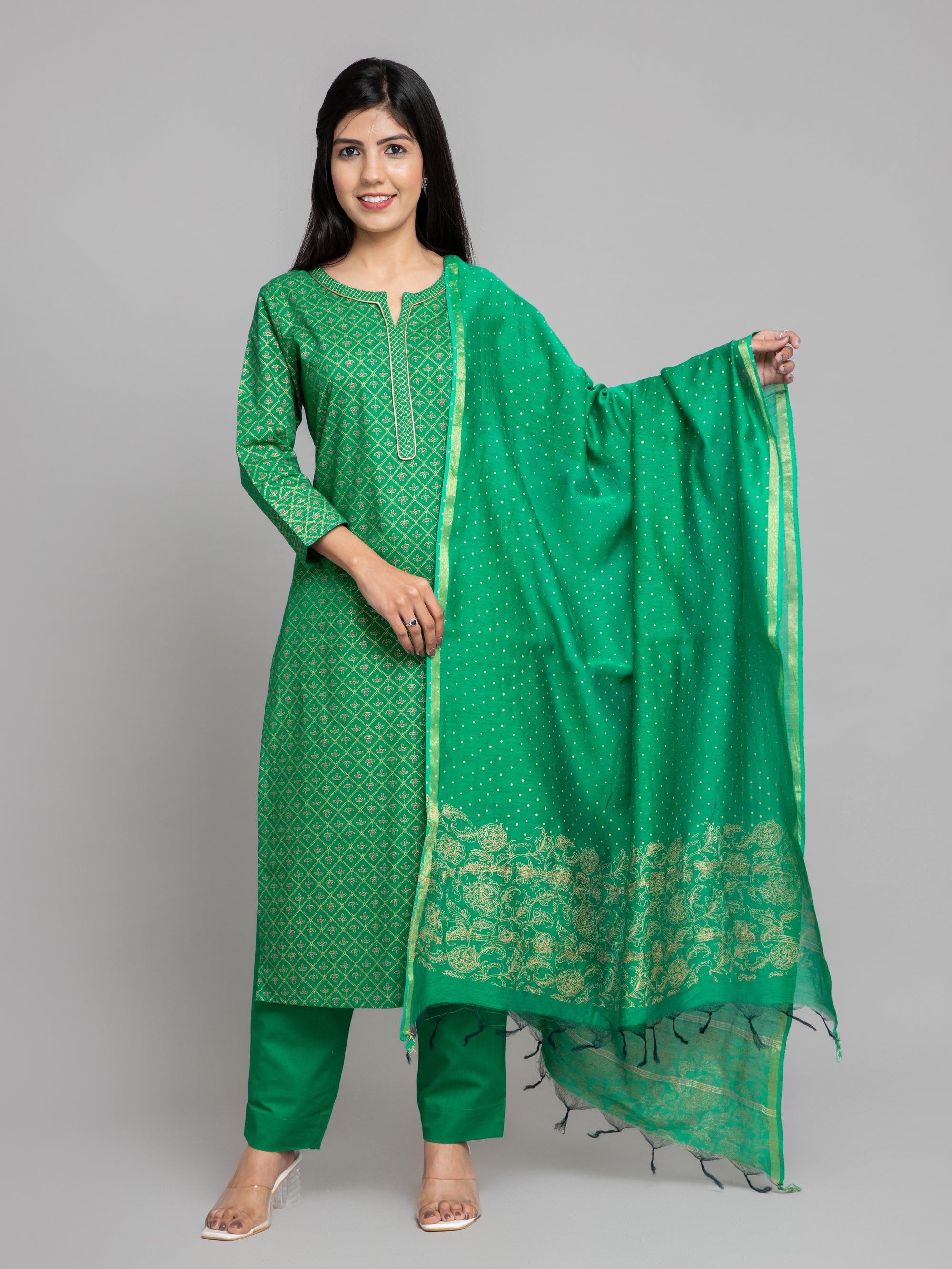 GOLD PRINTED KURTA & PANT SET WITH DUPATTA