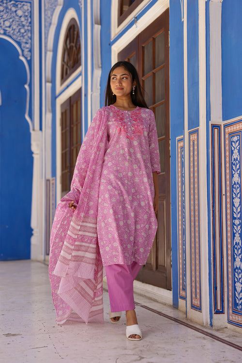 Mul Cotton 3-Piece Kurta Set with Beautiful Embroidery