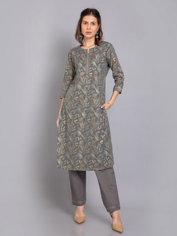 Dark Gray 3 Pcs Kurta Set in Chanderi Silk