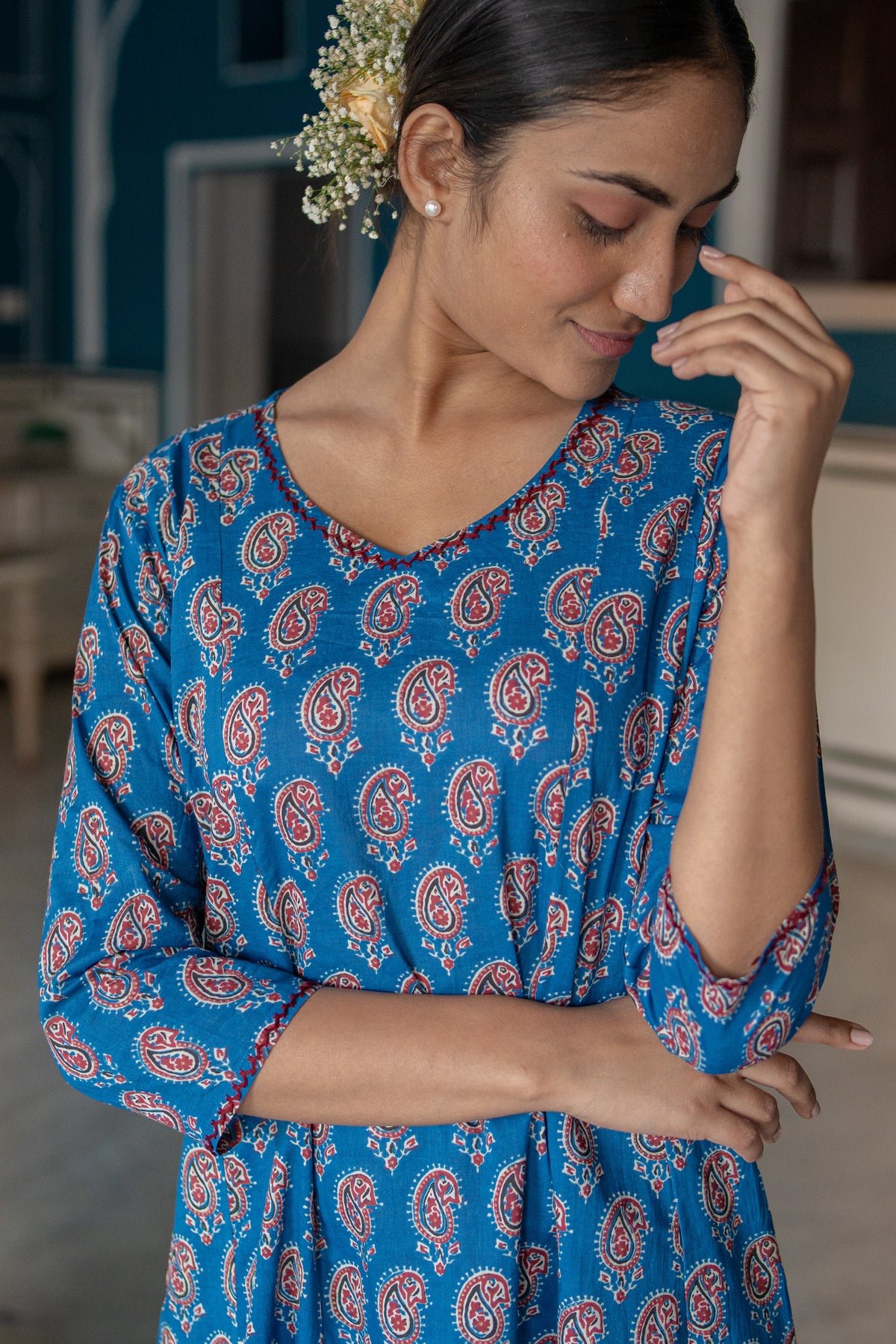 Printed Flared Long Kurti with Handcrafted Embellishments