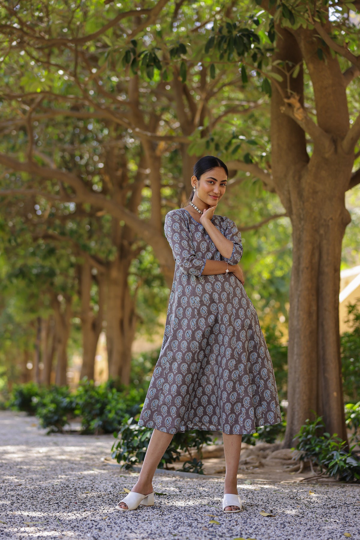 Printed Flared Long Kurti with Handcrafted Embellishments