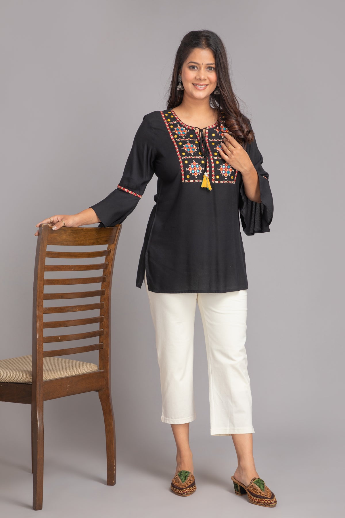 SUTI WOMEN RAYON EMBROIDERED TOP WITH DORI TESSELS