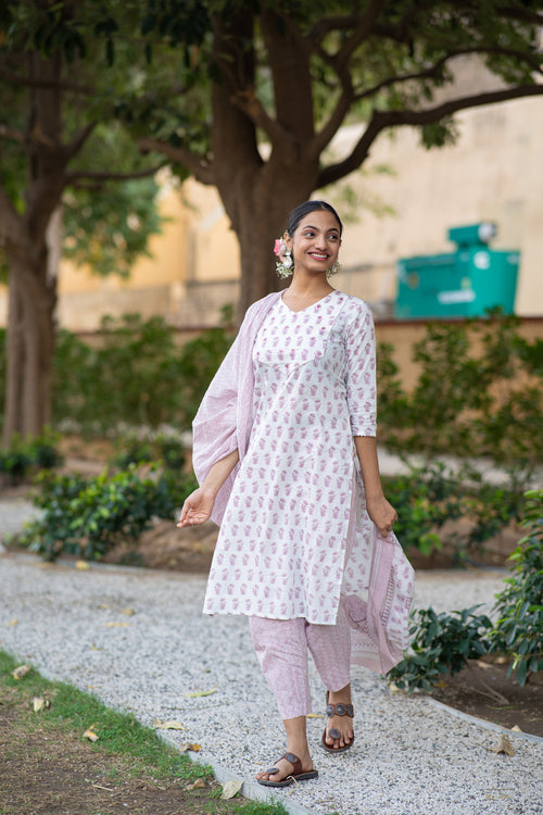 Hand Printed 3-Piece Kurta Set with Sequined Mirror Work