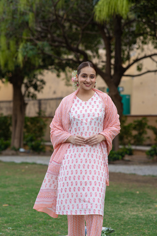 Hand Printed 3-Piece Kurta Set with Sequined Mirror Work