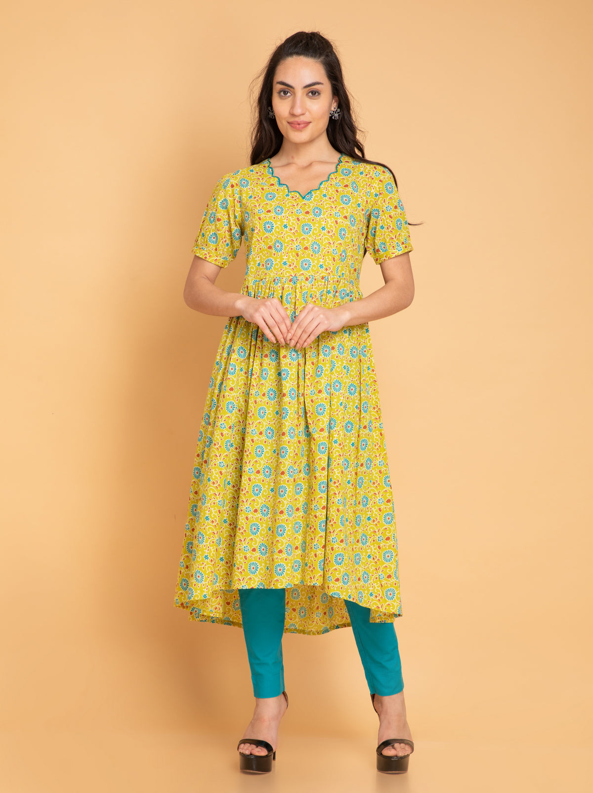 Apple Green Mul Cotton Floral Printed High-Low 2Pc Kurta Set