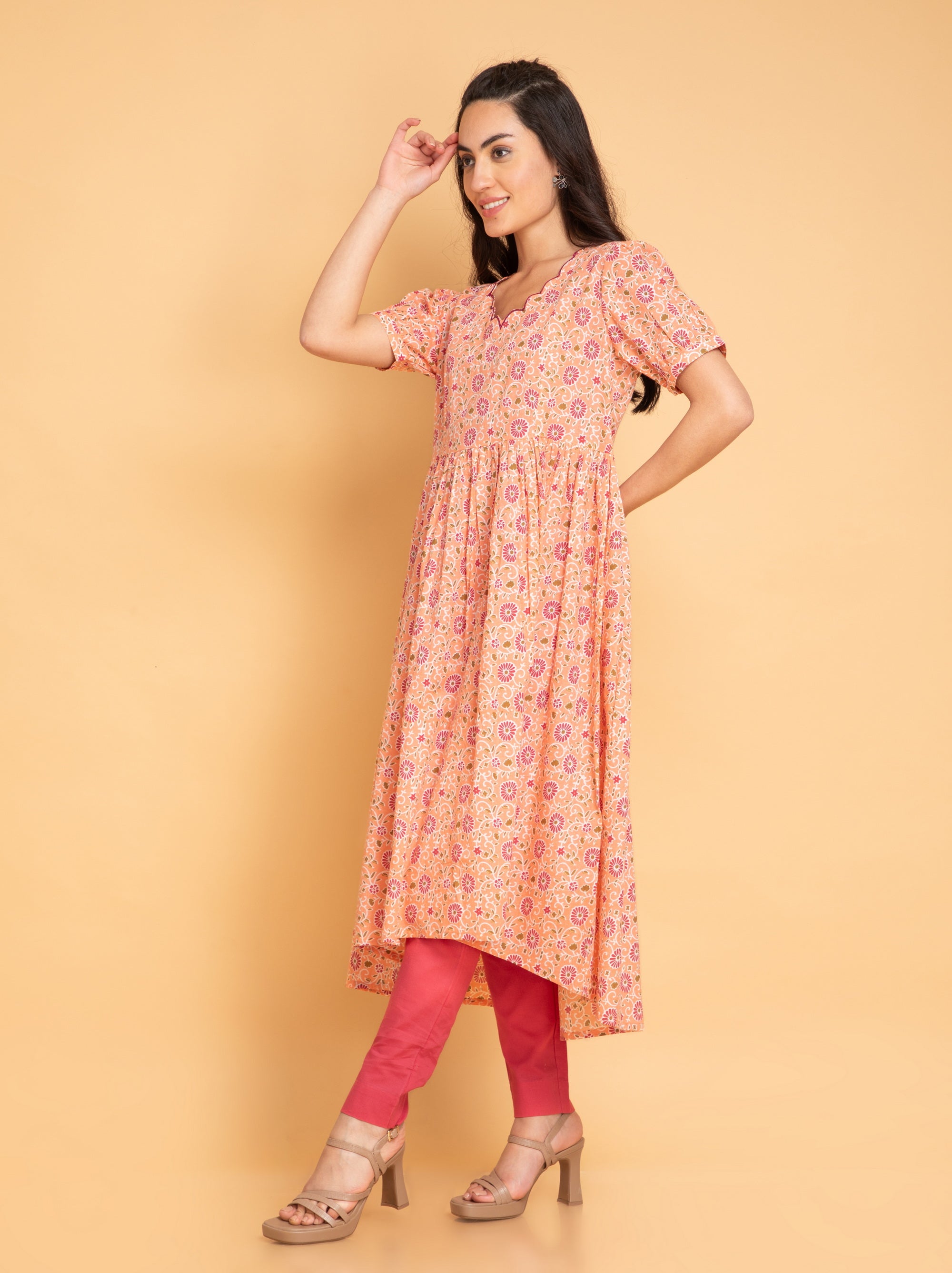 Fusion Coral Mul Cotton Floral Printed High-Low 2Pc Kurta Set