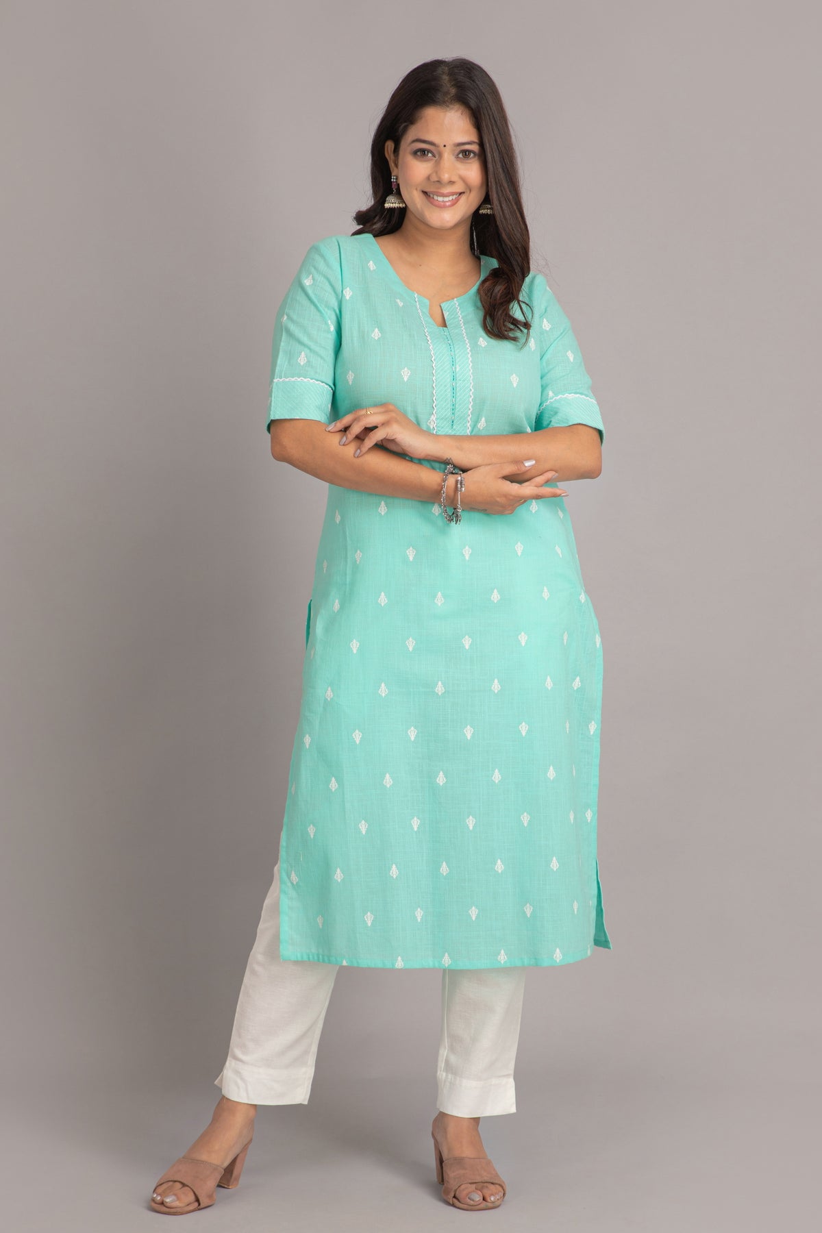 WORK WEAR PRINTED KURTI EMBELLISHED WITH EMBROIDERY & BEAD WORK