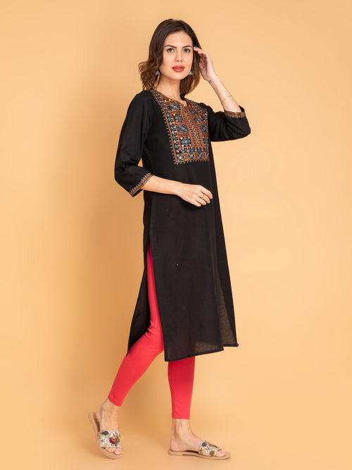 Linen Blend Embroidered Long Kurti