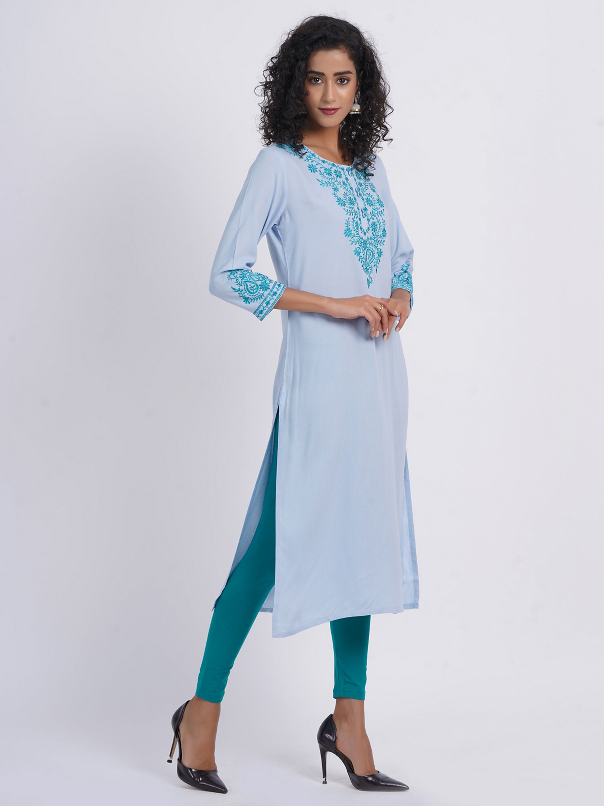 Powder Blue Long Kurti in Rayon