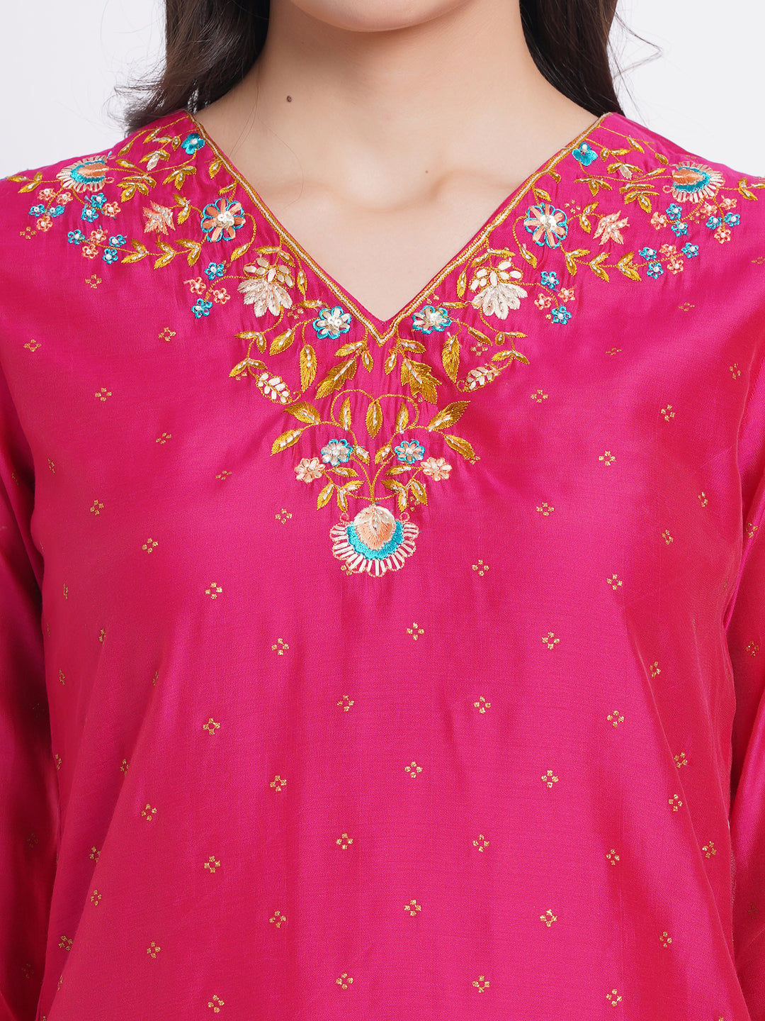 CHANDERI EMBROIDERED KURTA WITH EMBROIDERED PANT EMBELISSHED WITH ADDA WORK