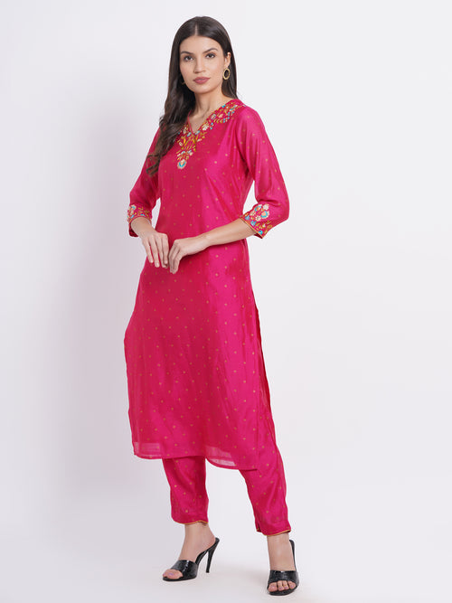 CHANDERI EMBROIDERED KURTA WITH EMBROIDERED PANT EMBELISSHED WITH ADDA WORK