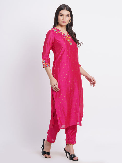 CHANDERI EMBROIDERED KURTA WITH EMBROIDERED PANT EMBELISSHED WITH ADDA WORK