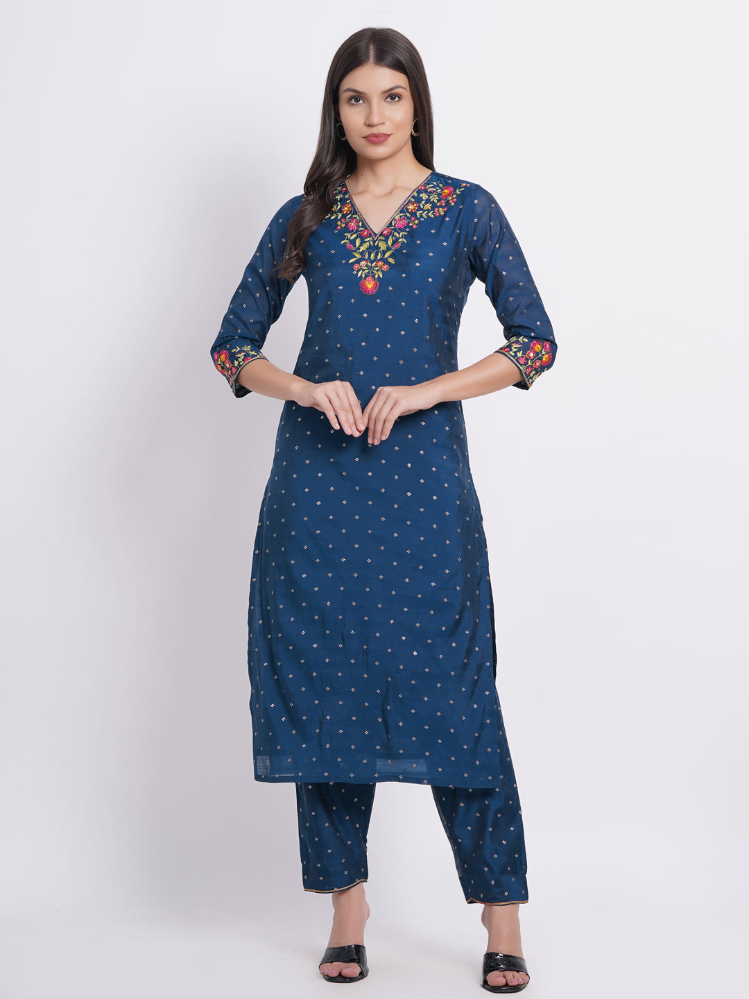 CHANDERI EMBROIDERED KURTA WITH EMBROIDERED PANT EMBELISSHED WITH ADDA WORK