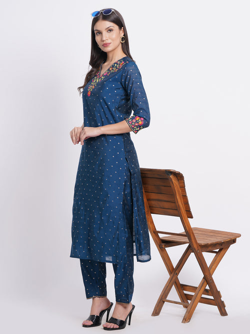 CHANDERI EMBROIDERED KURTA WITH EMBROIDERED PANT EMBELISSHED WITH ADDA WORK