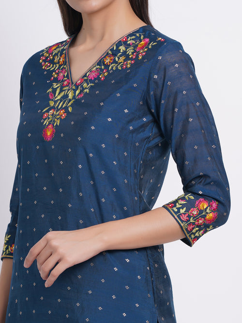 CHANDERI EMBROIDERED KURTA WITH EMBROIDERED PANT EMBELISSHED WITH ADDA WORK