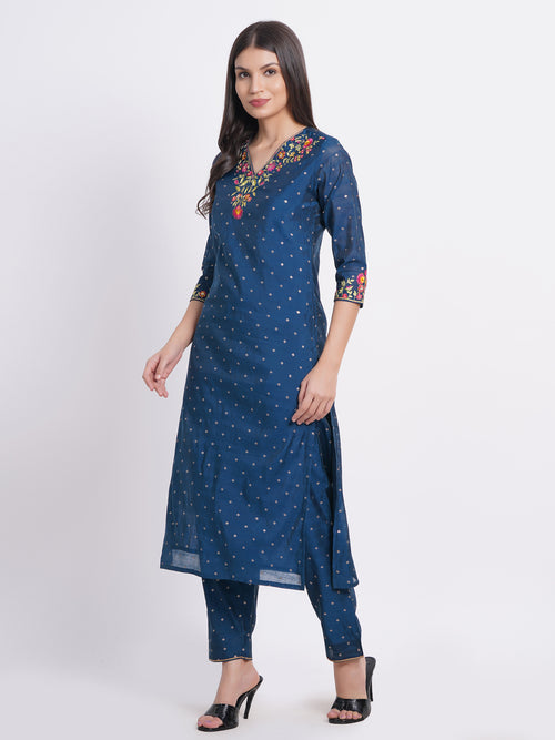 CHANDERI EMBROIDERED KURTA WITH EMBROIDERED PANT EMBELISSHED WITH ADDA WORK