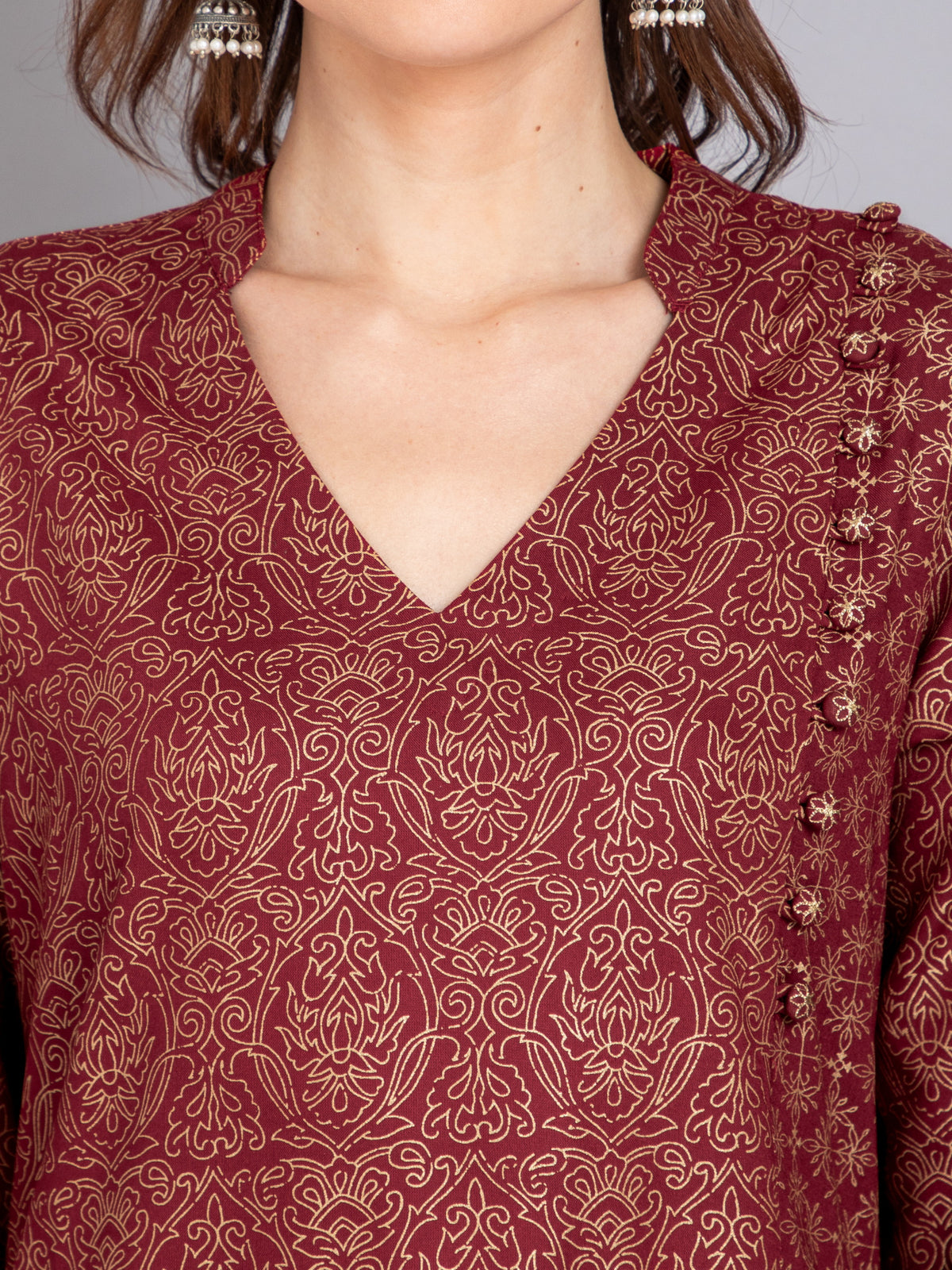 Gold Printed Long Kurti With Button Detail