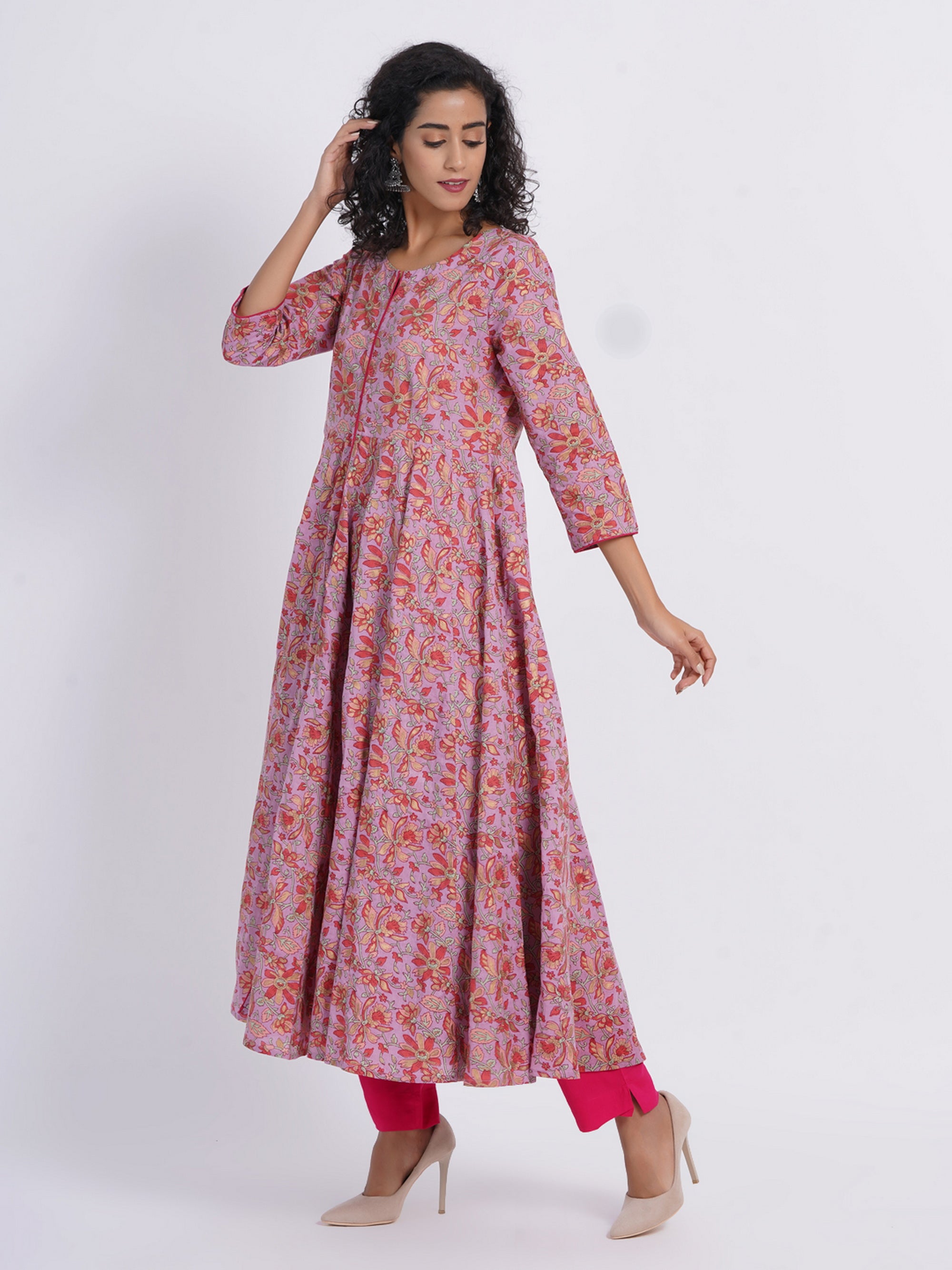 MUL COTTON PRINTED FLARIED KALIDAR LONG DRESS