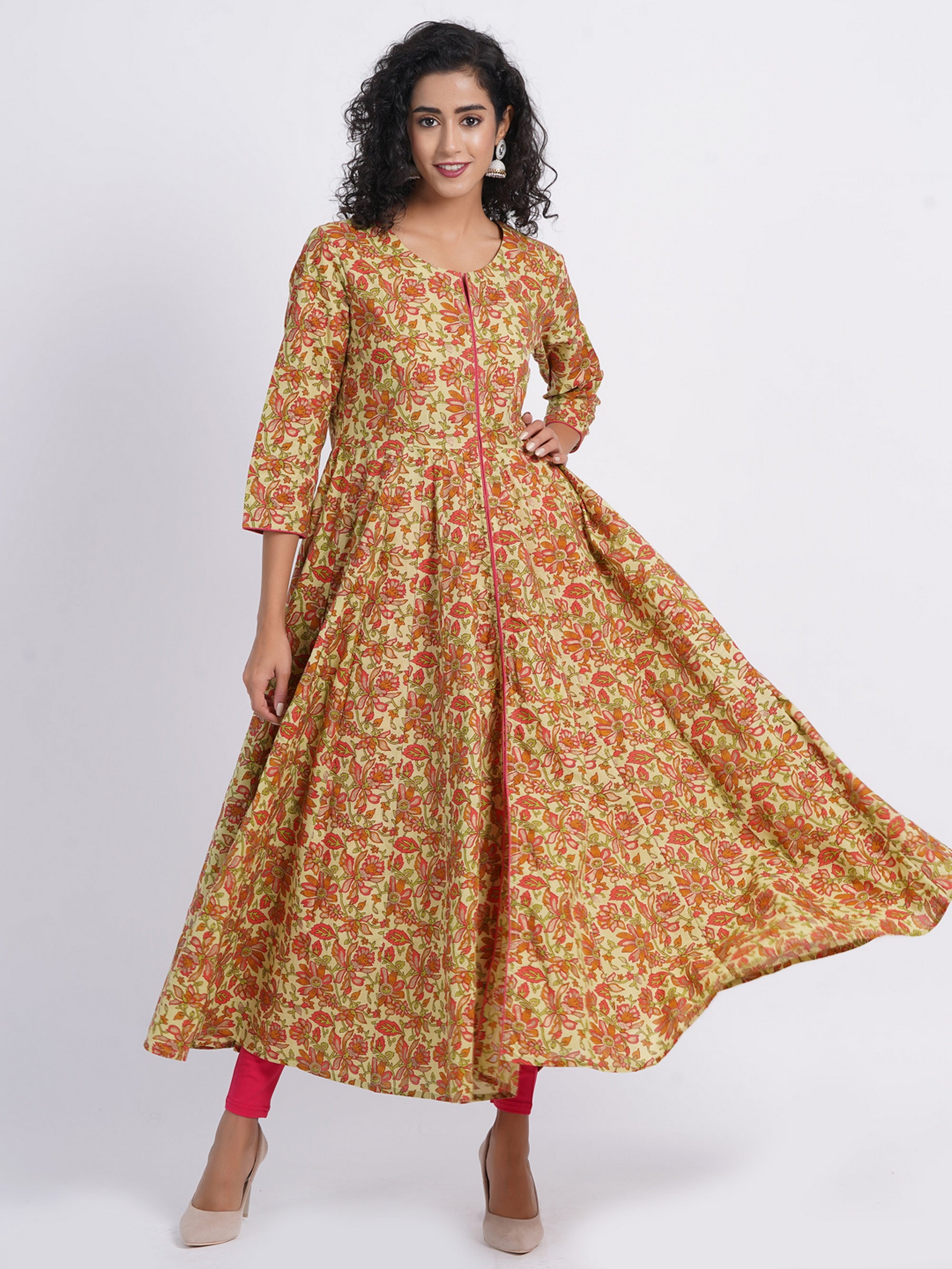 MUL COTTON PRINTED FLARIED KALIDAR LONG DRESS