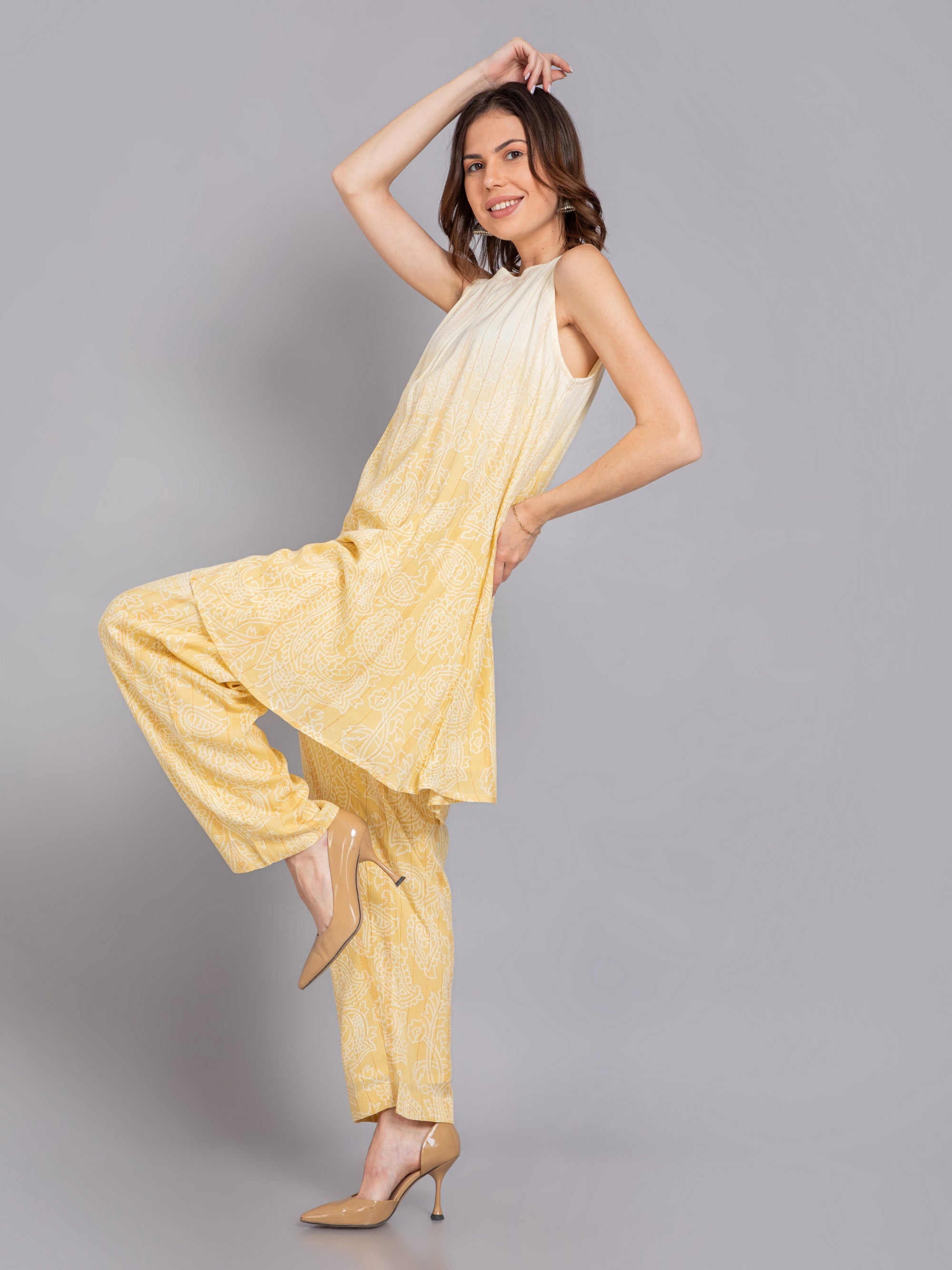 Beige Co-ord Set in Rayon Crepe W/lurex