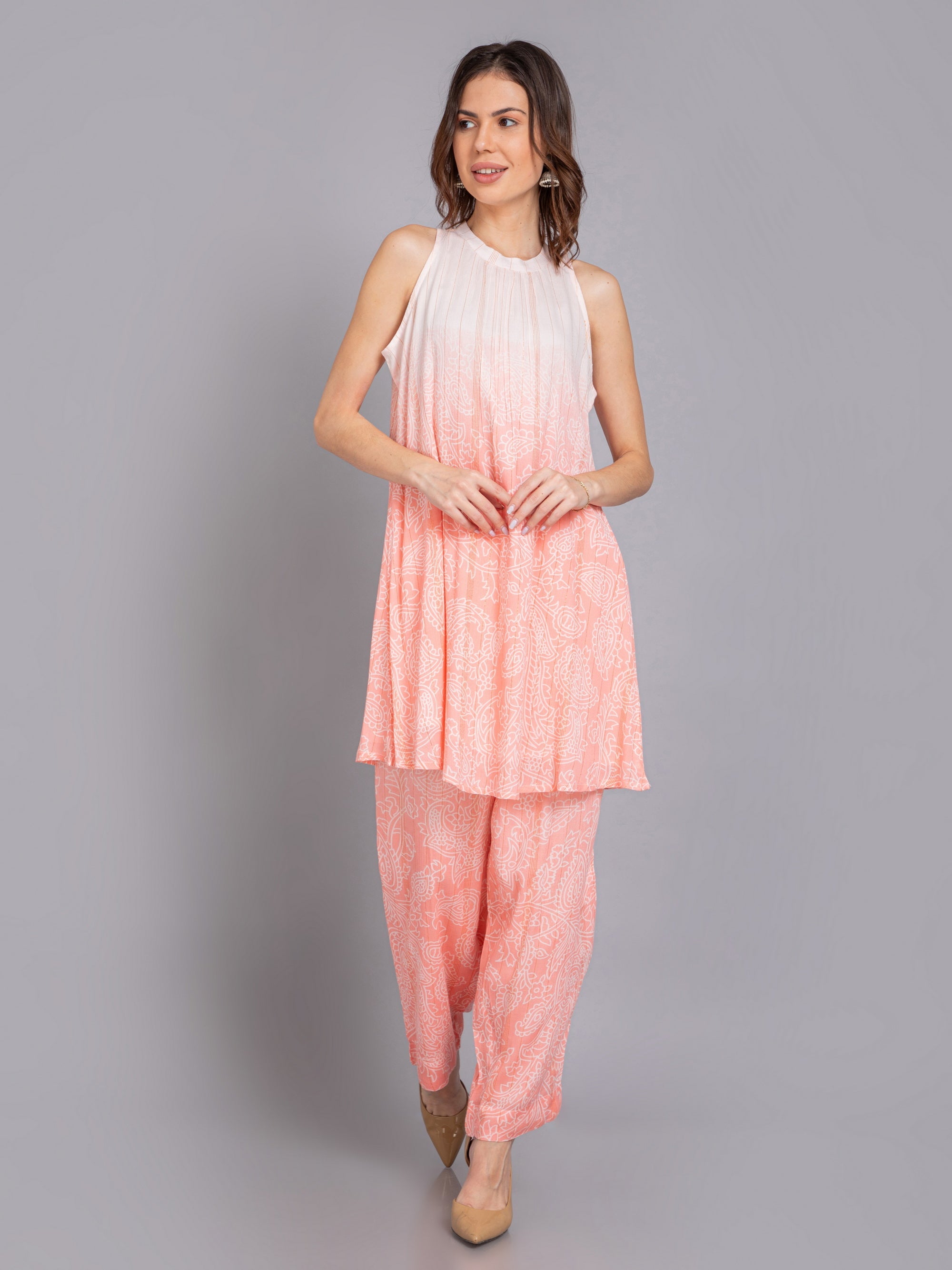 Peach Co-ord Set in Rayon Crepe W/lurex