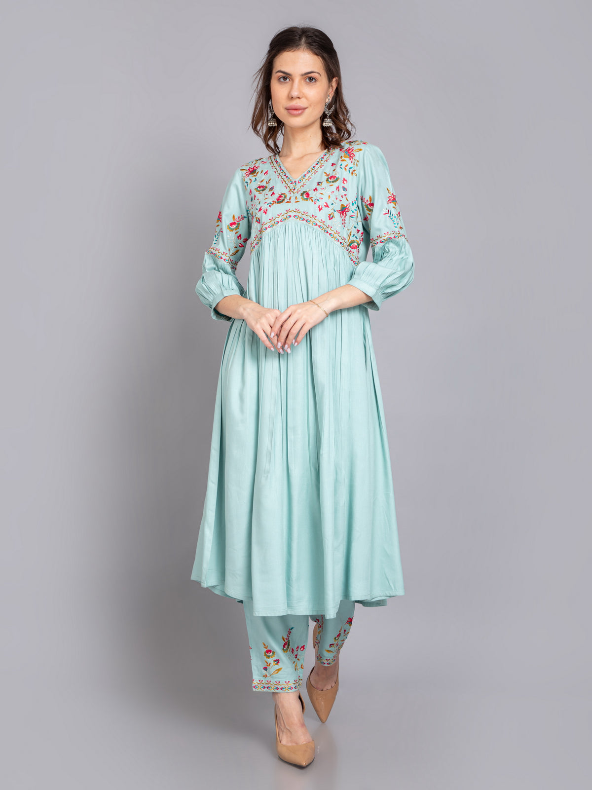 2PC ALIA CUT SET EMBELLISHED WITH COLORFUL EMBROIDERY.