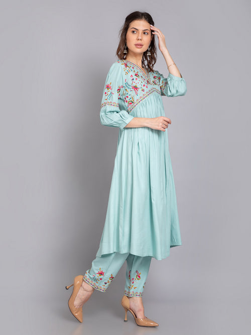 2PC ALIA CUT SET EMBELLISHED WITH COLORFUL EMBROIDERY.