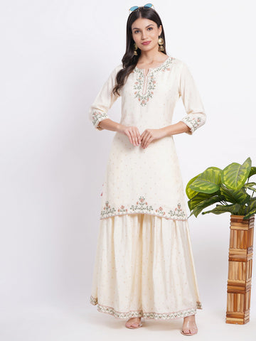 Cream 2 Pcs Kurta Set in Muslin