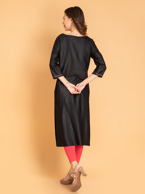 Black Embroidered Straight Long Kurti