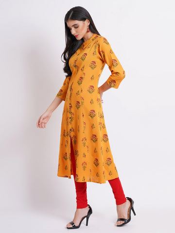 Orange Yellow Long Kurti in Rayon Linen