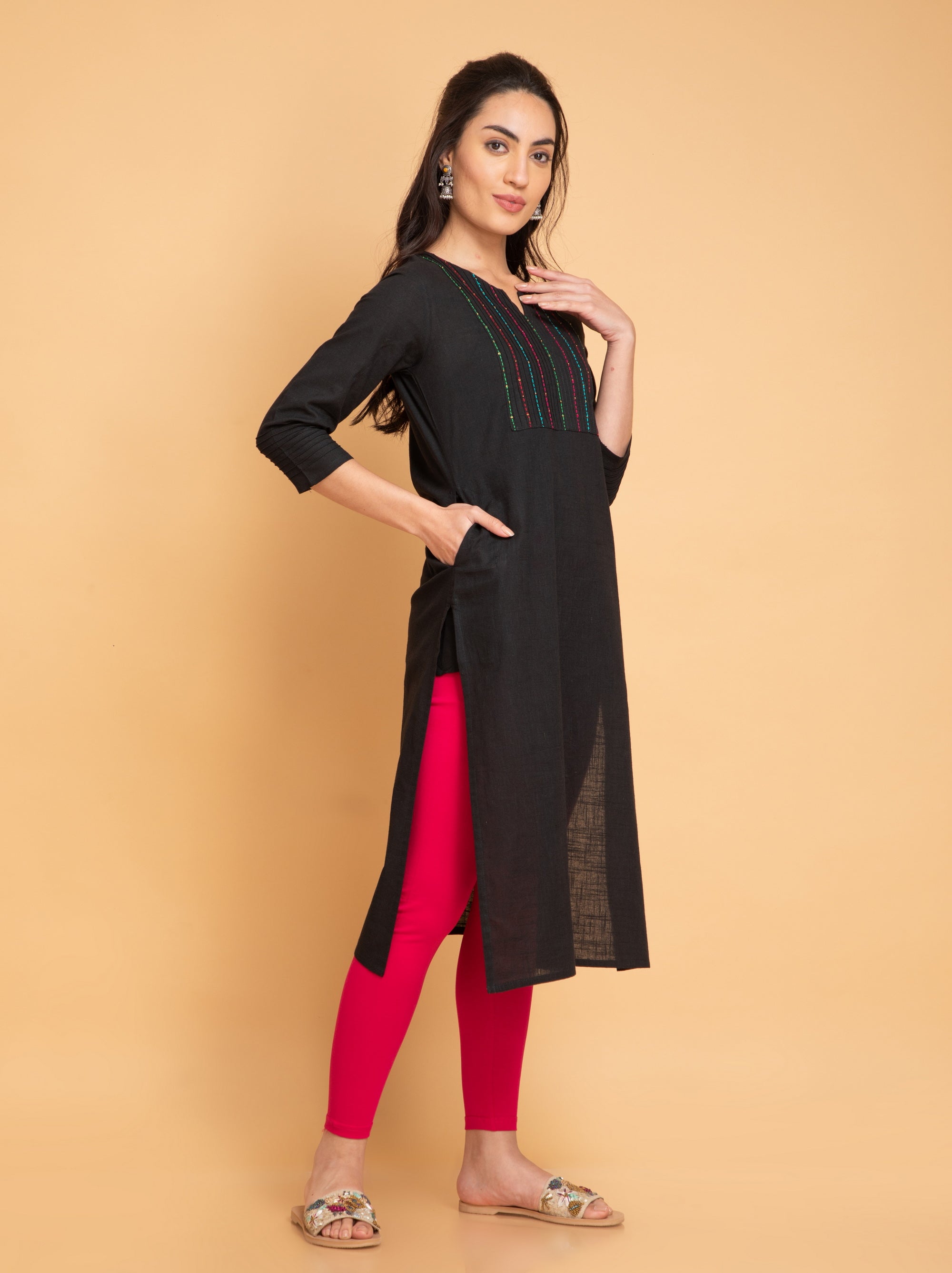 Black Long Kurti in Cotton Slub