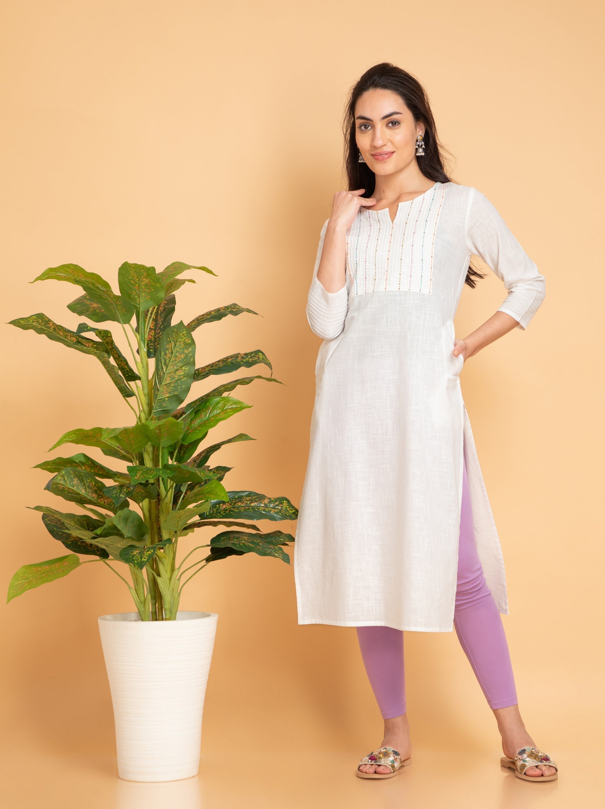 Off White Long Kurti in Cotton Slub