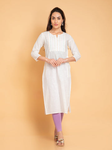 Off White Long Kurti in Cotton Slub