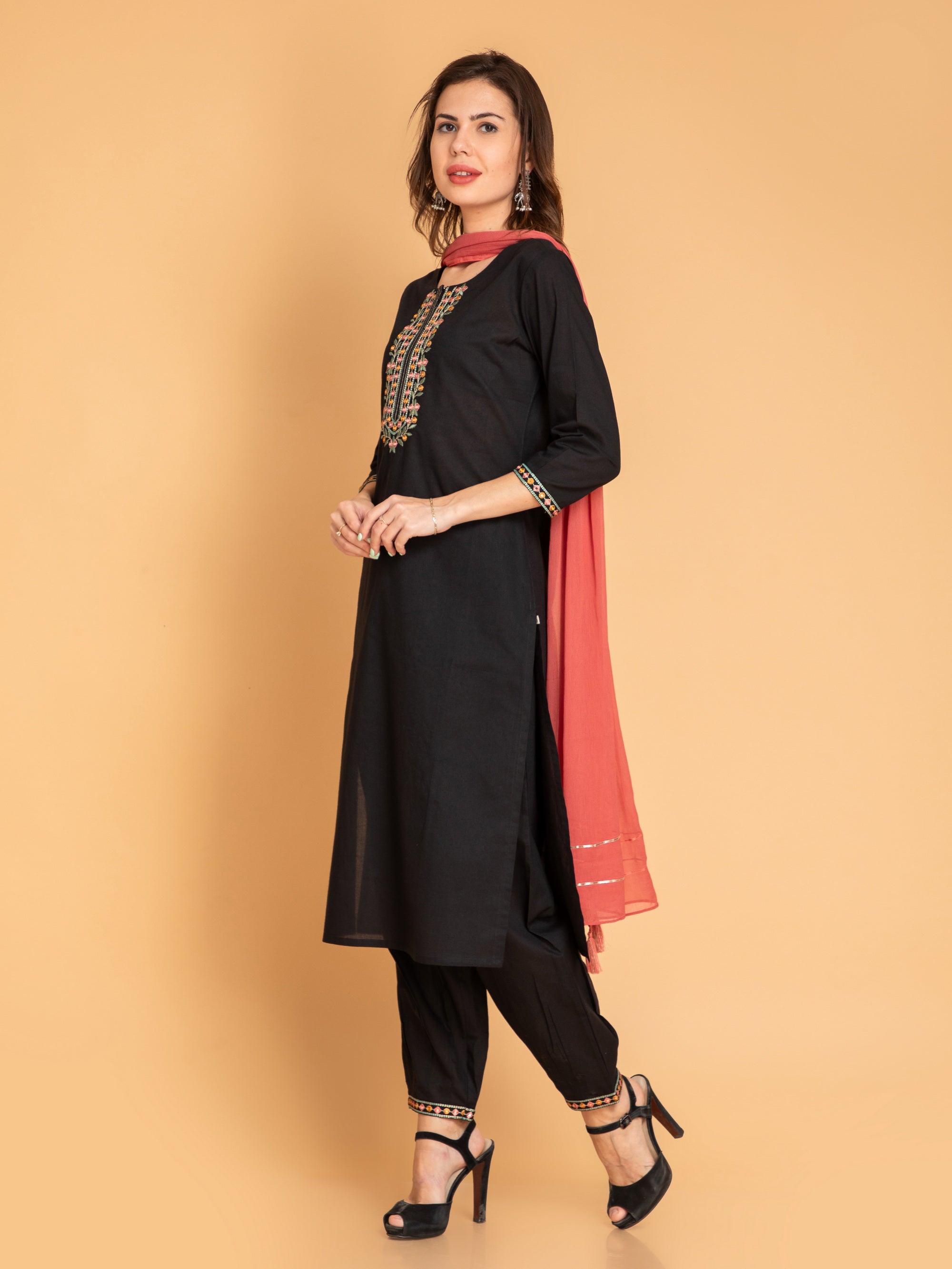 Black 3 Pcs Kurta Set in Mul Cotton
