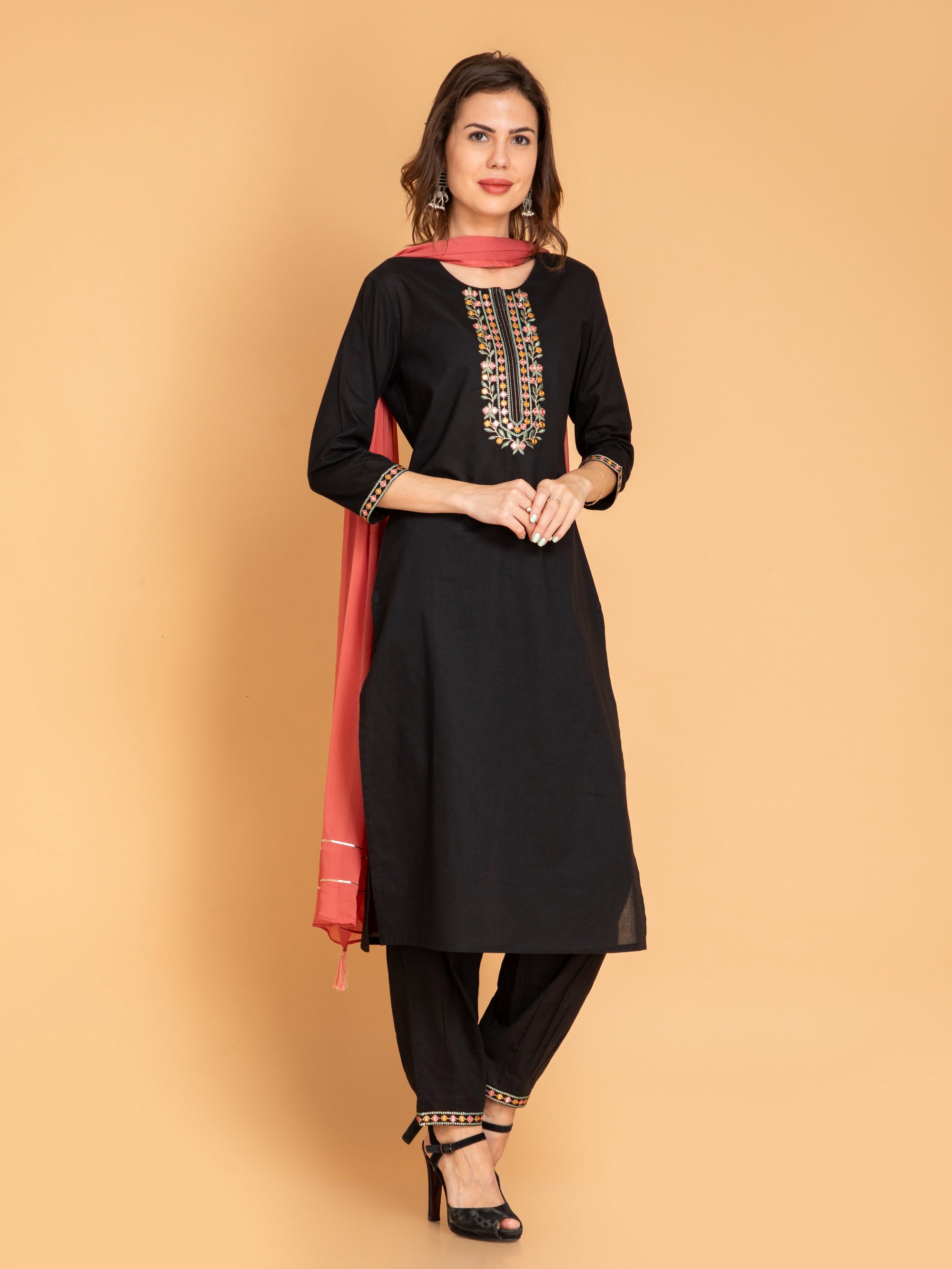 Black 3 Pcs Kurta Set in Mul Cotton