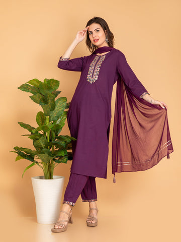 Dark Purple 3 Pcs Kurta Set in Mul Cotton