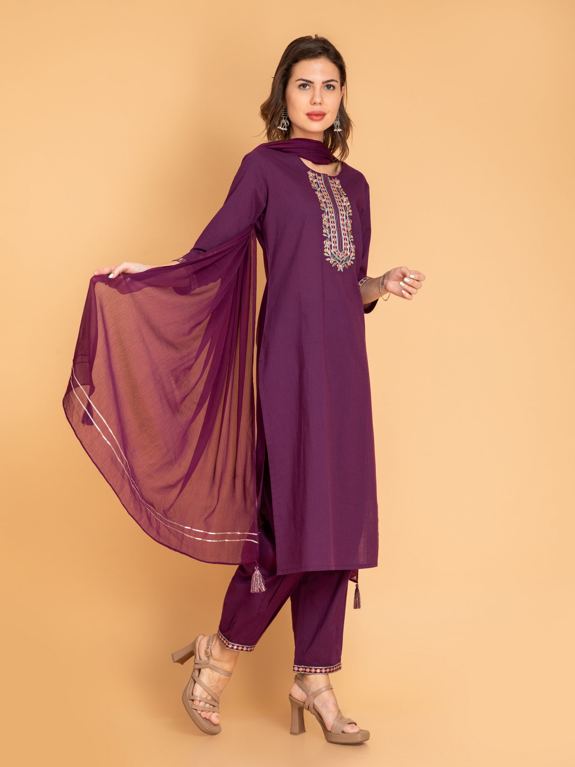 Dark Purple 3 Pcs Kurta Set in Mul Cotton