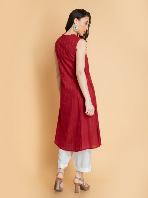 Cotton Lurex A-Line Sleeveless Long Kurti