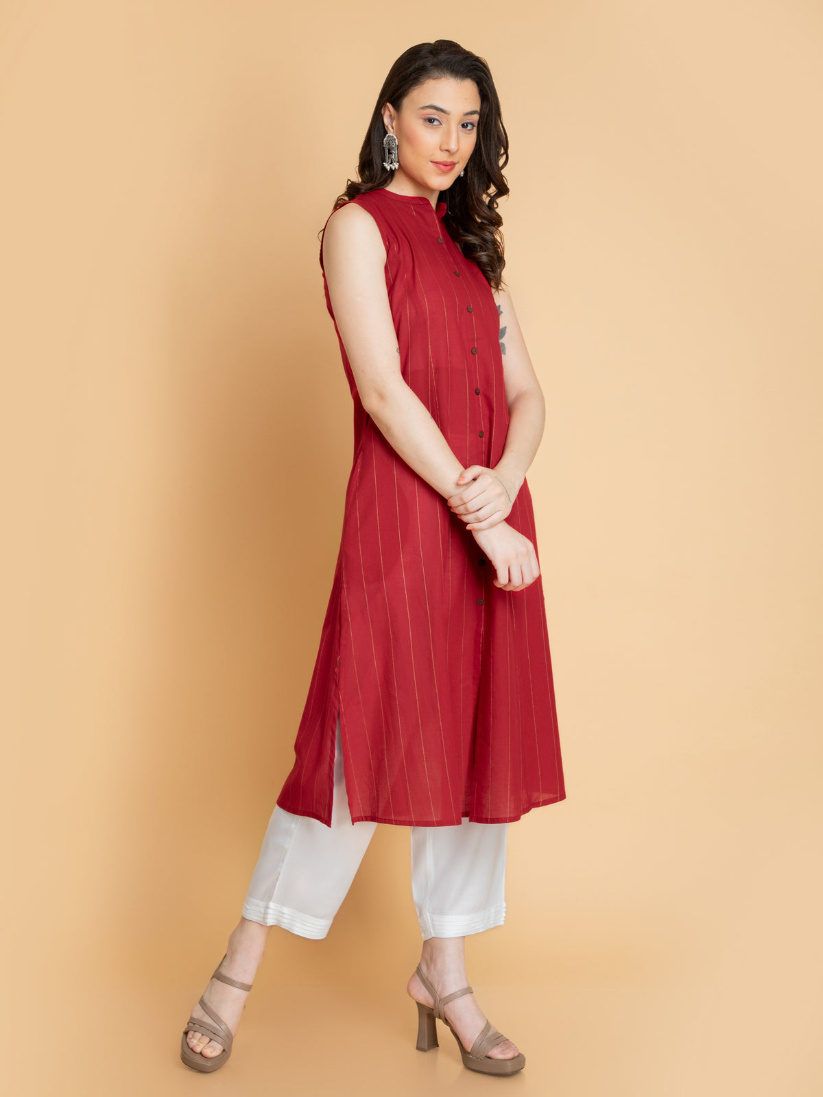 Cotton Lurex A-Line Sleeveless Long Kurti