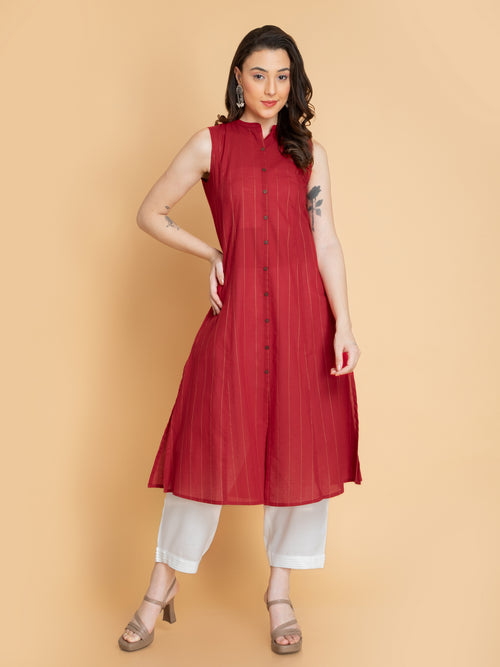 Cotton Lurex A-Line Sleeveless Long Kurti